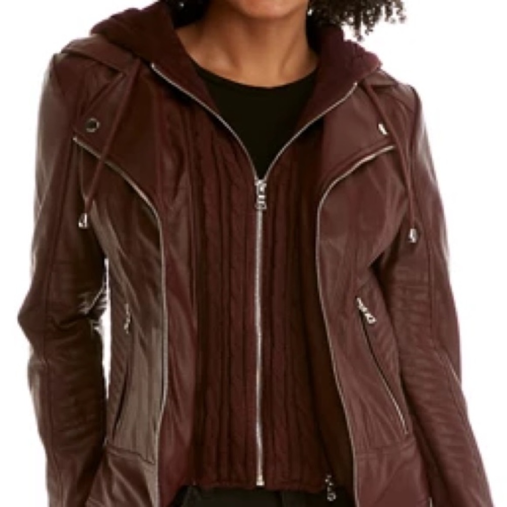 Guess Knit Faux Leather Coat With Removable Hood in Burgandy